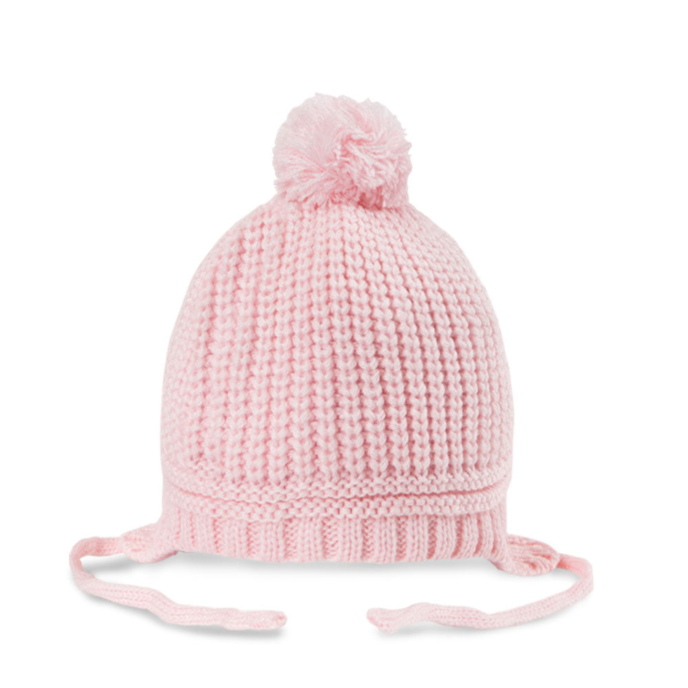 BABY WOOLEN CAP PINK KNITTED POM POM EAR FLAPS