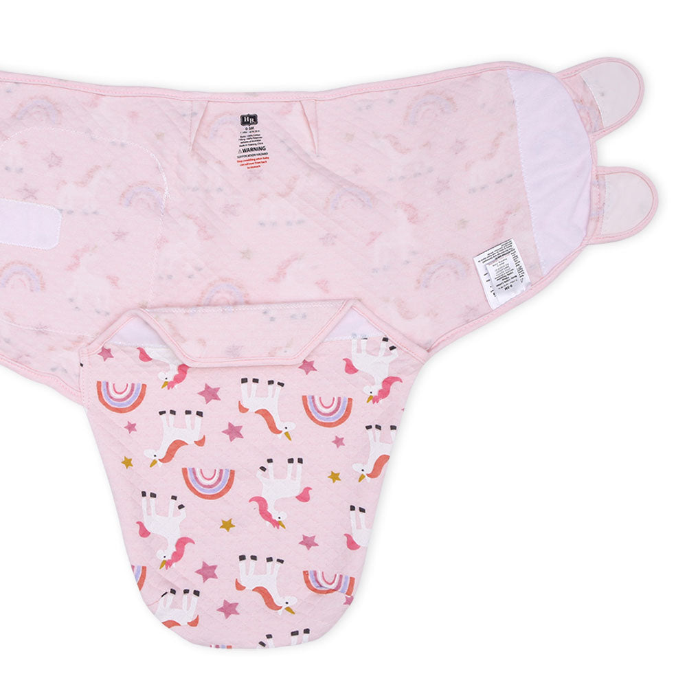 SWADDLE WRAP QUILTED PINK UNICORN & RAINBOW