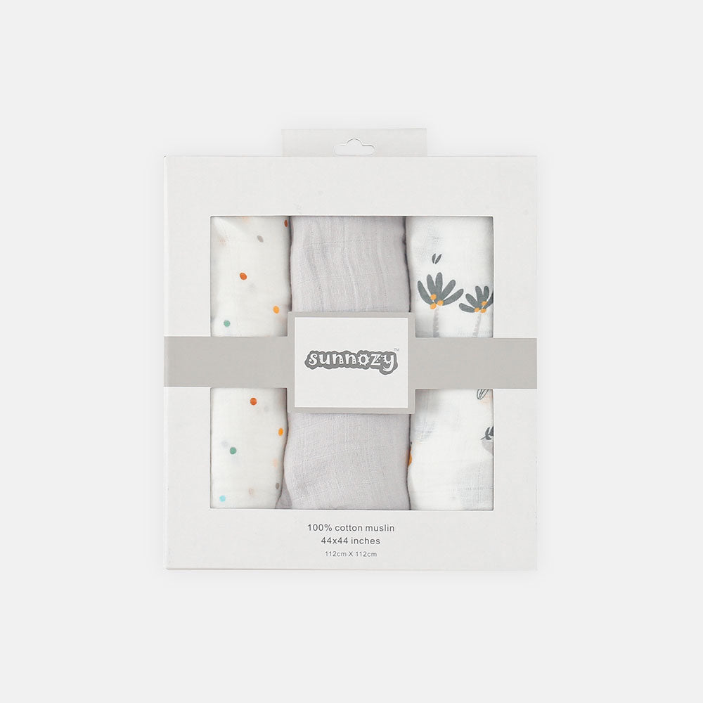 WRAPING SHEET MUSLIN PK-3 WHITE FOREST ANIMAL THEME