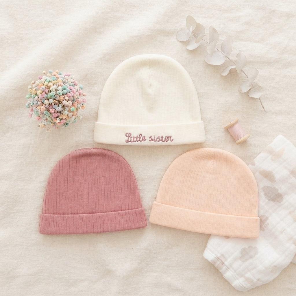LITTLE SISTER RIBBED INFANT BABY CAPS PK-3