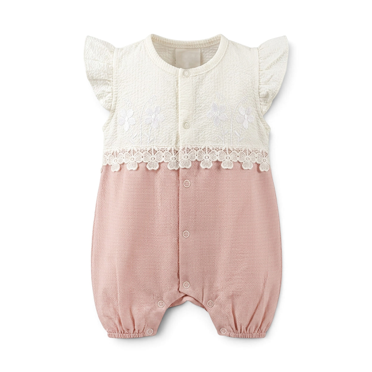 BABY GIRL LACE TRIM & FLORAL EMBROIDERY ROMPER