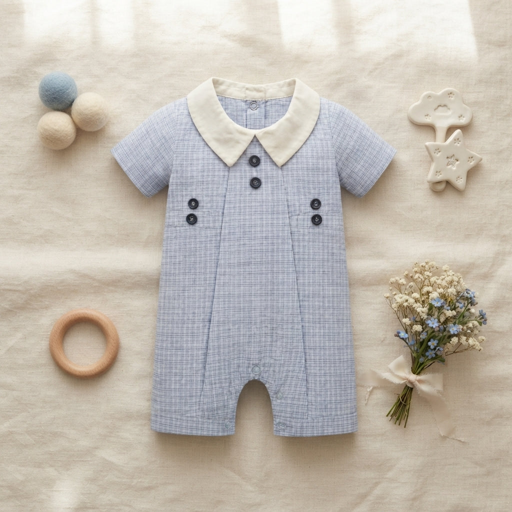 BLUE & WHITE CHECKED COLLARED BOY ROMPER
