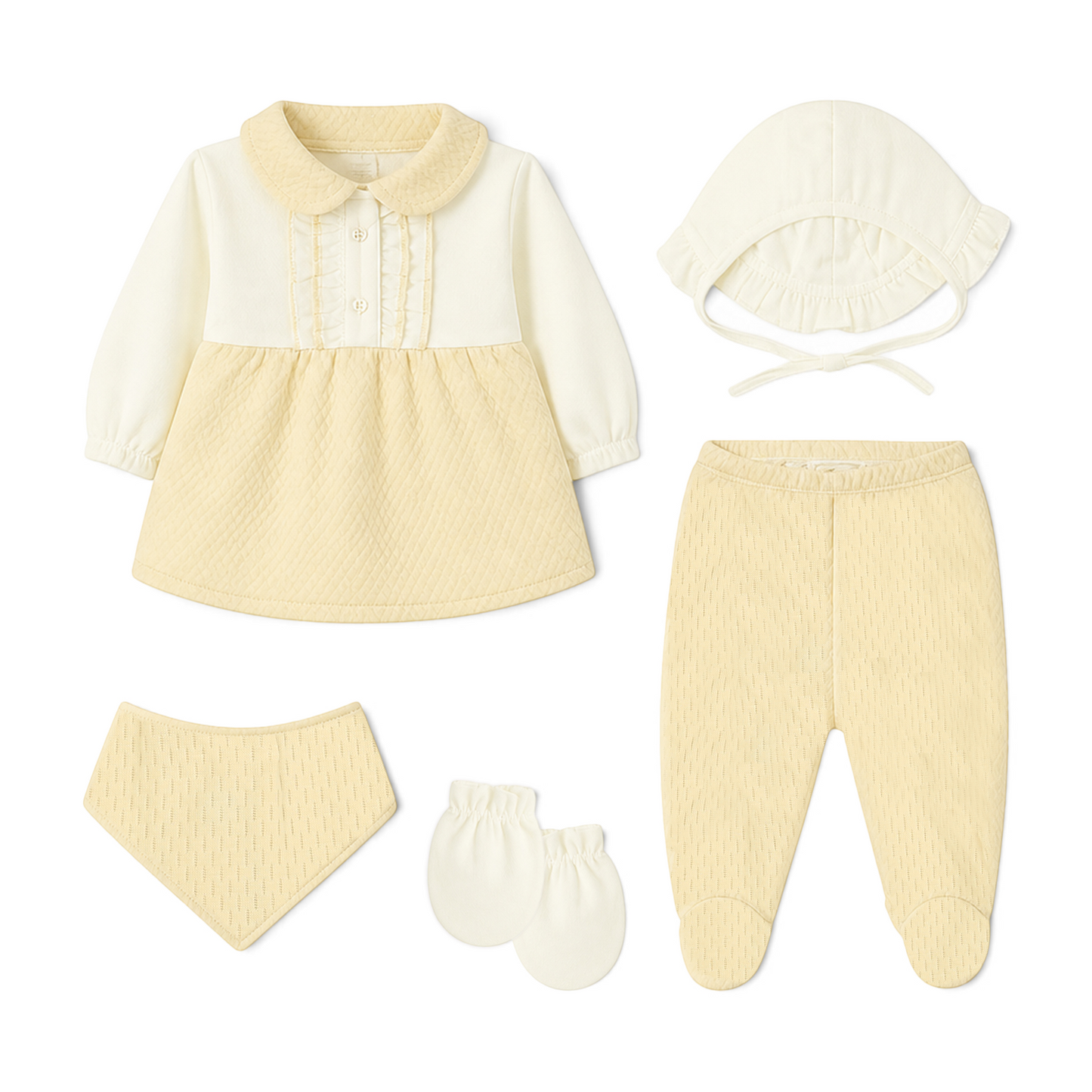 CREAM AND BEIGE RUFFLE-FRONT BABY GIRL GIFT SET