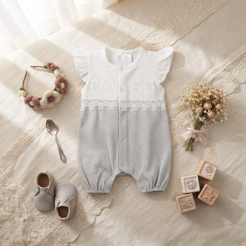 BABY GIRL LACE TRIM & FLORAL EMBROIDERY ROMPER