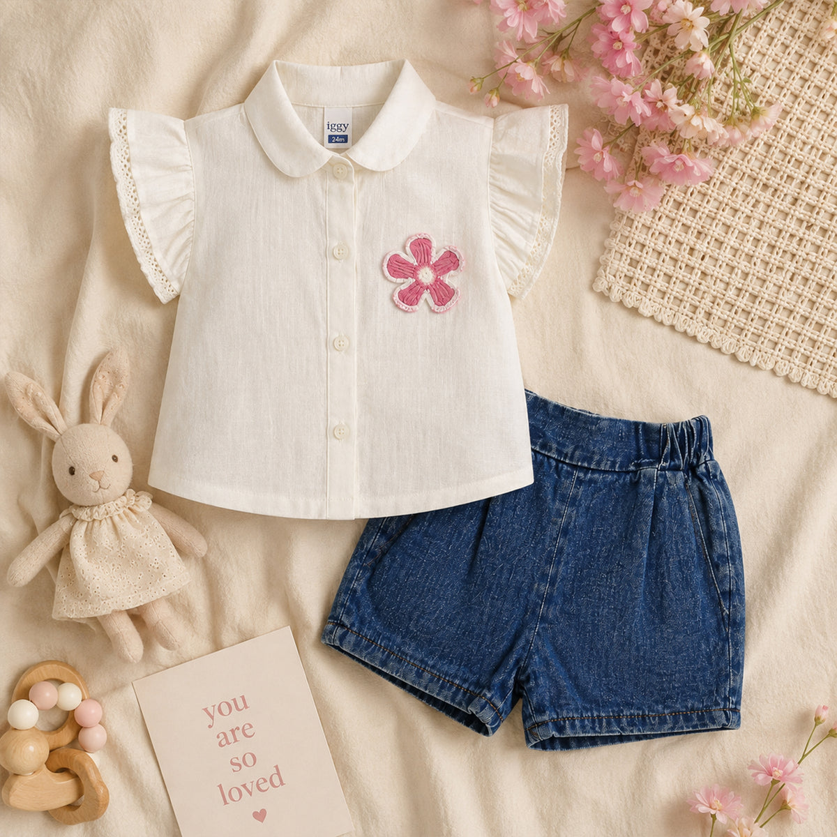 WHITE TOP AND DENIM SHORTS BABY GIRL OUTFIT