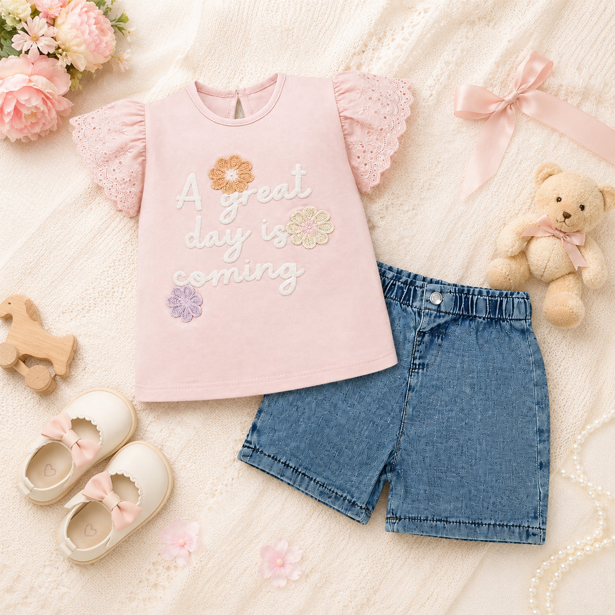 PINK "A GREAT DAY IS COMING" AND DENIM SHORTS BABY GIRL OUTFIT