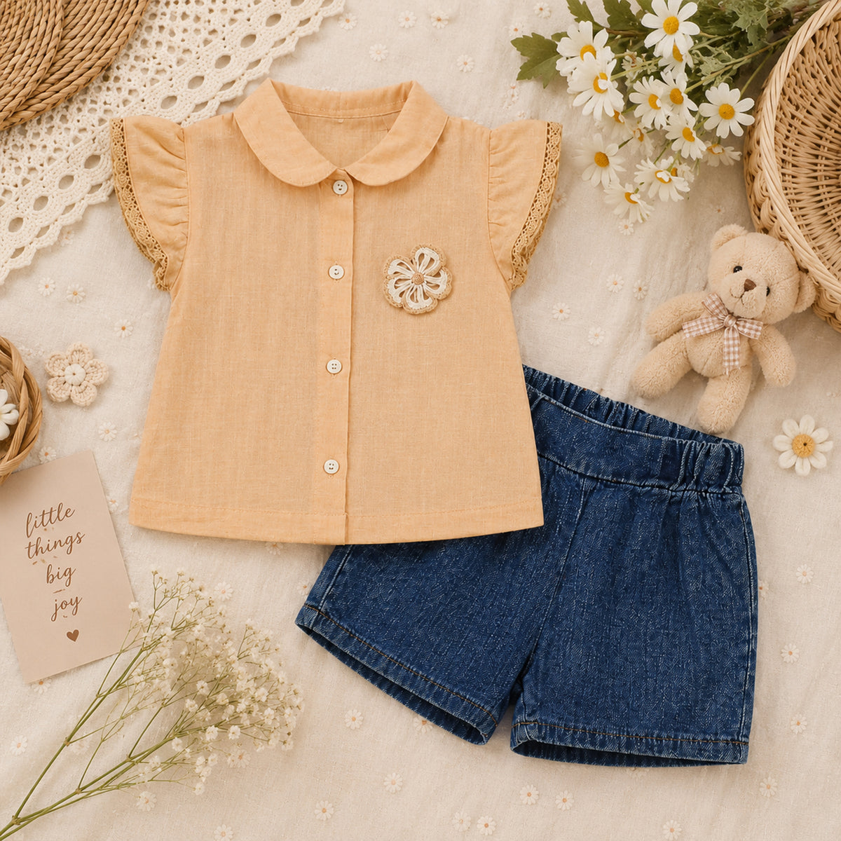 PEACH BLOUSE AND DENIM SHORTS BABY GIRL OUTFIT