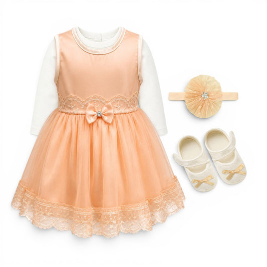 PeachBOW LACE BABY GIRL FANCY FROCK GIFT SET