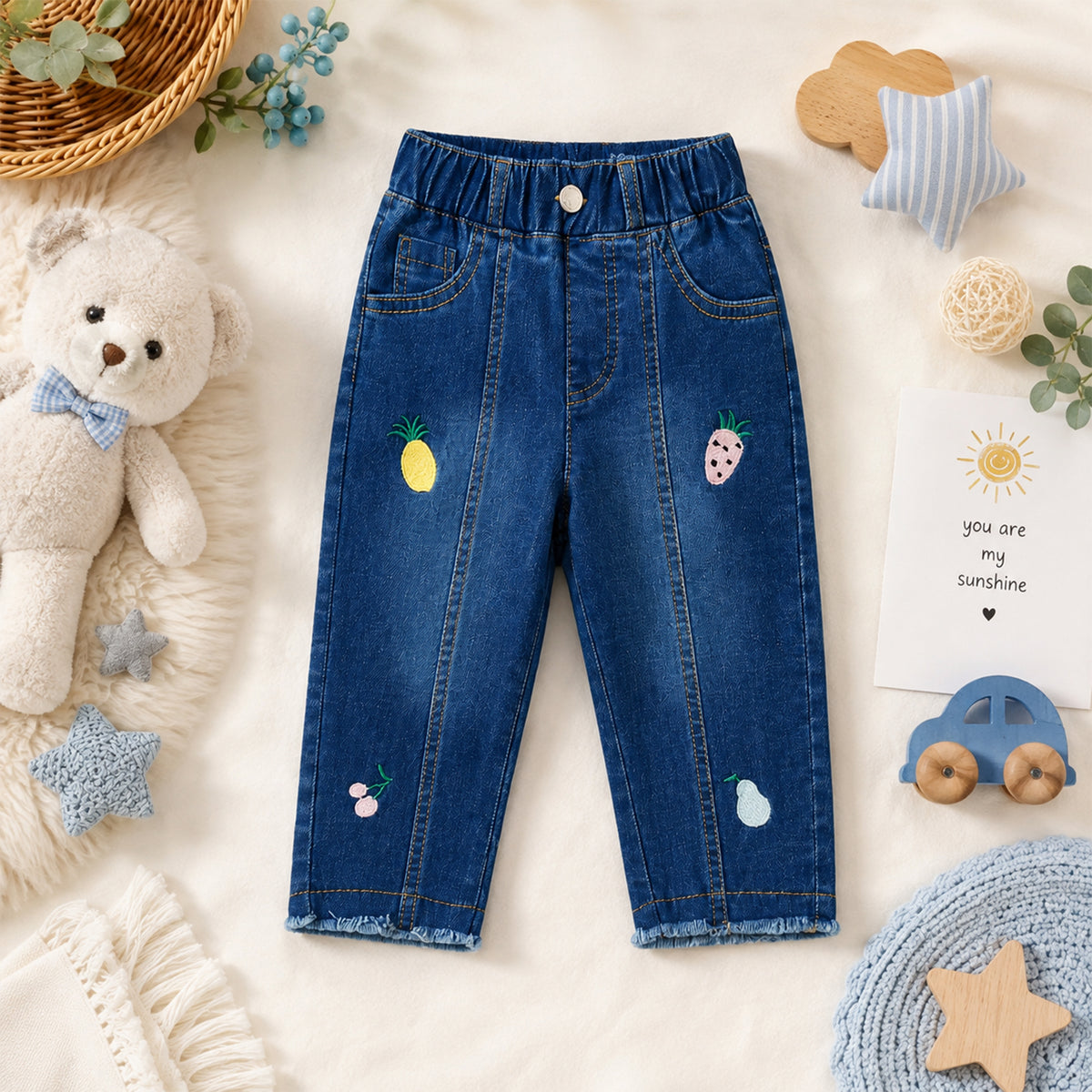 BABY GIRL LIGHT WASH FRUIT-EMBROIDERED JEANS