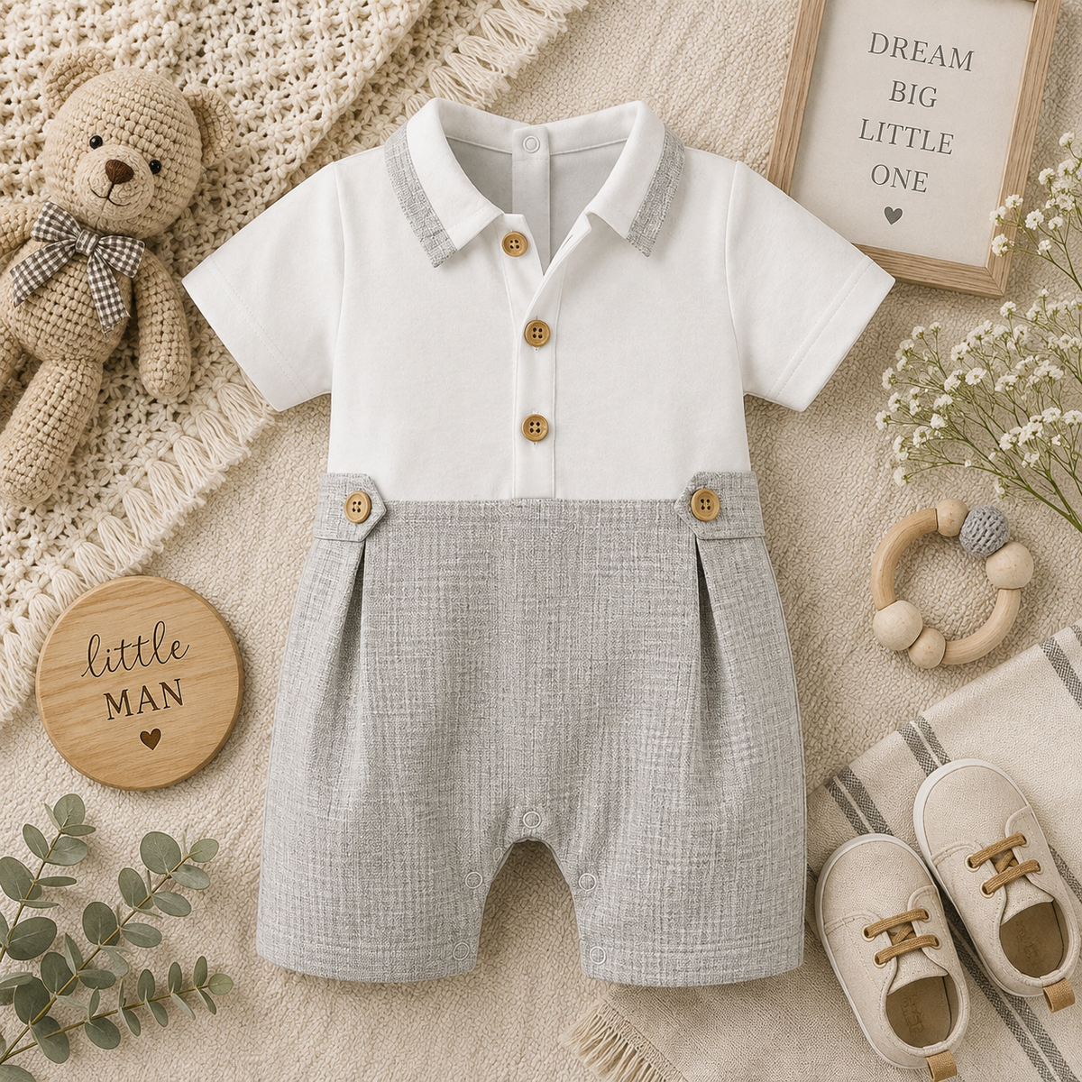 BABY BOY GREY TEXTURED ROMPER
