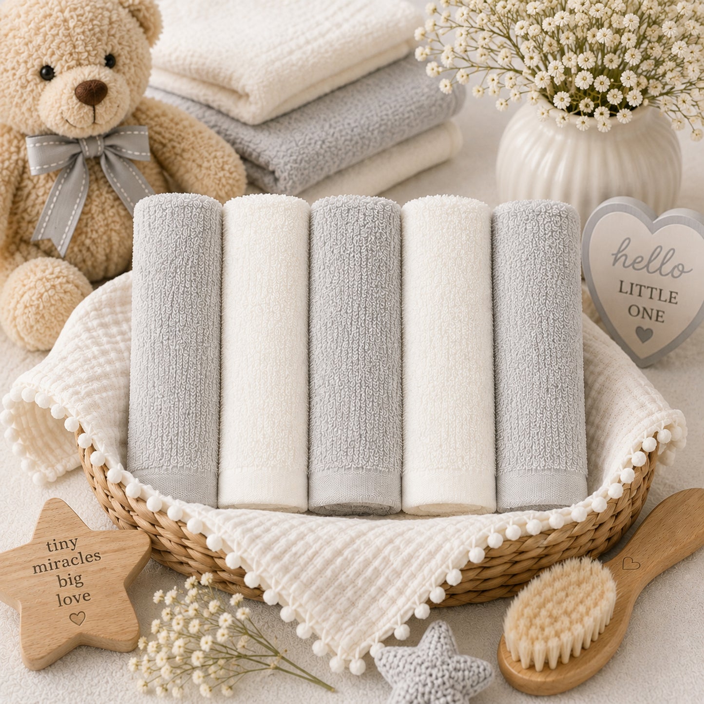 BAMBOO WHITE & GREY FACE TOWEL PK-5