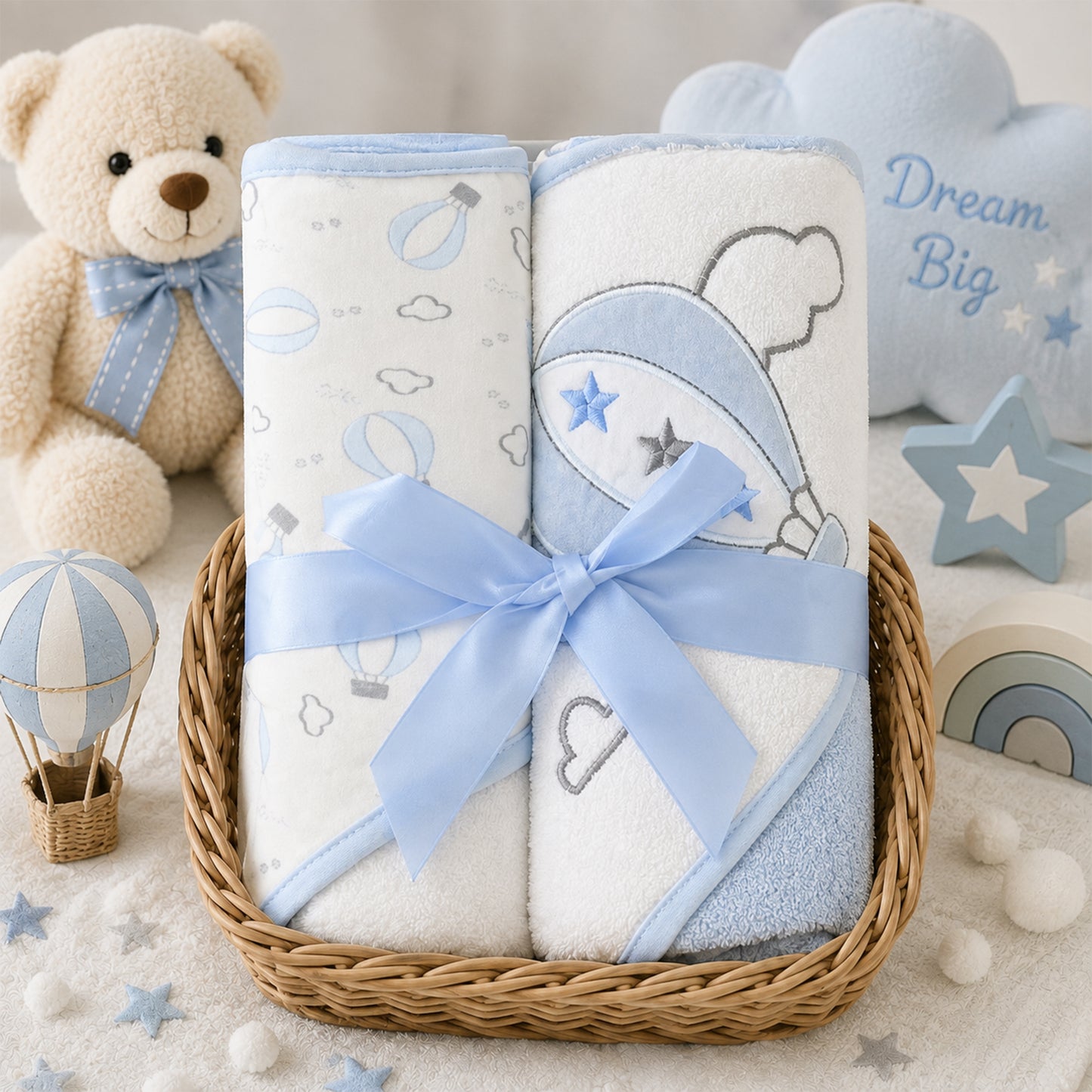 LIGHT BLUE HOT AIR BALLOON THEME HOODED BATH TOWEL PK-2