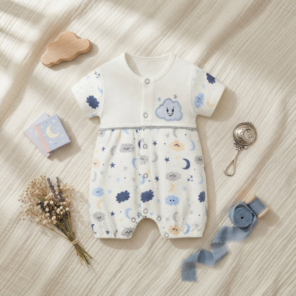 WHITE "DREAMY CLOUD & MOON" BABY ROMPER