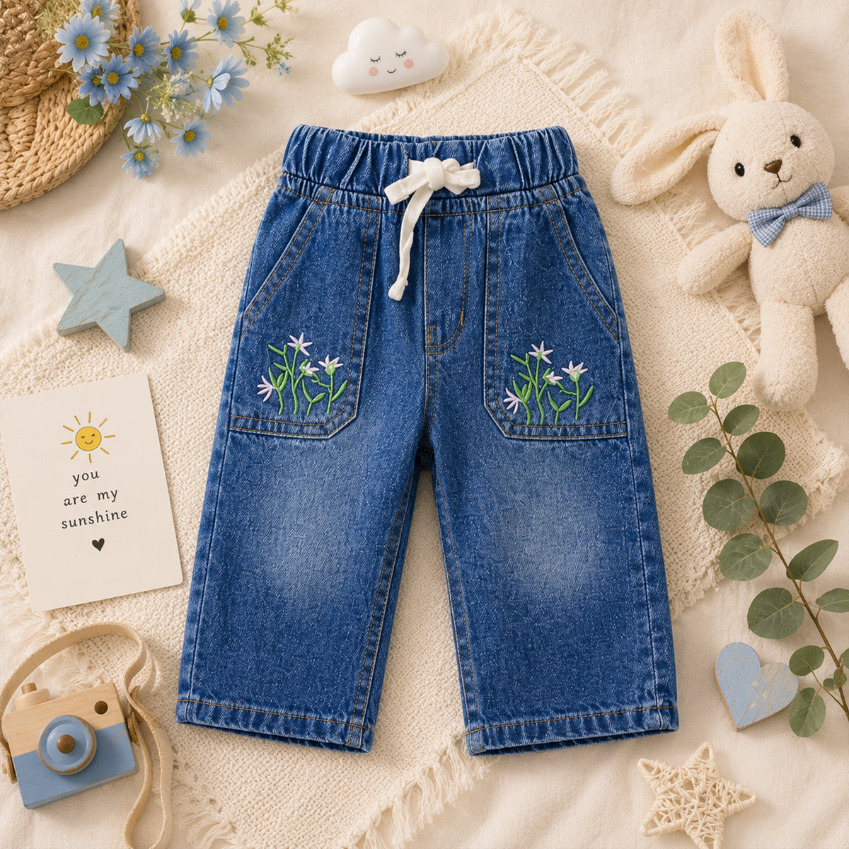 BABY GIRL LIGHT WASH FLORAL-EMBROIDERED DENIM JEANS
