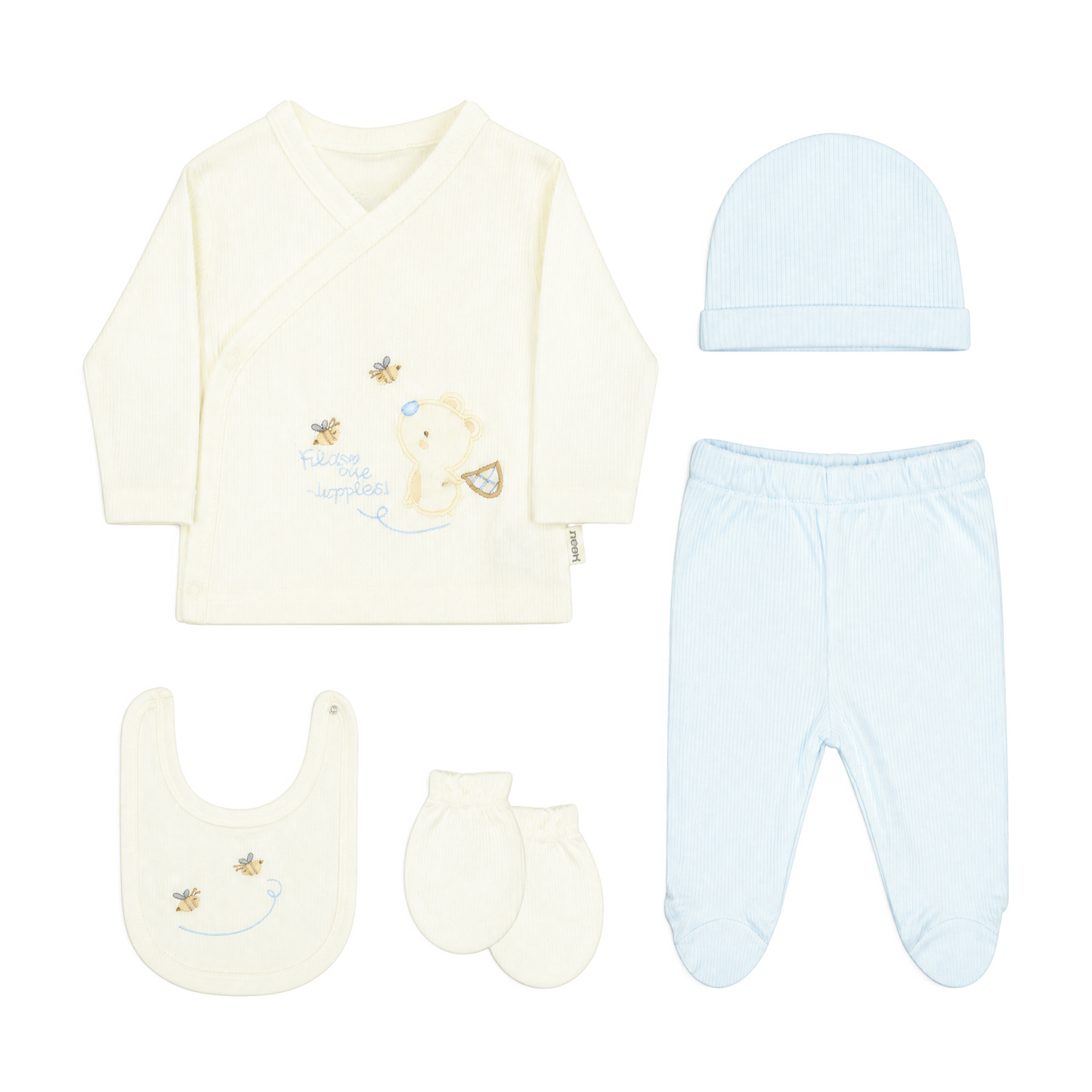 LIGHT BLUE AND WHITE "FOLLOW ME HUPPIES!" BEAR BABY BOY GIFT SET