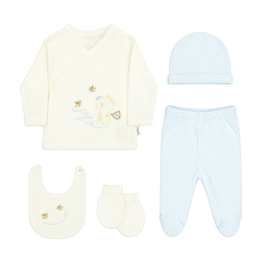 LIGHT BLUE AND WHITE "FOLLOW ME HUPPIES!" BEAR BABY BOY GIFT SET