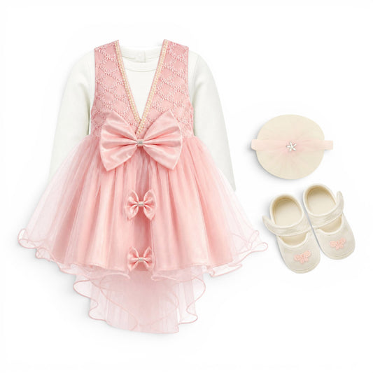 PINK MULTI-BOW BABY GIRL FANCY FROCK GIFT SET
