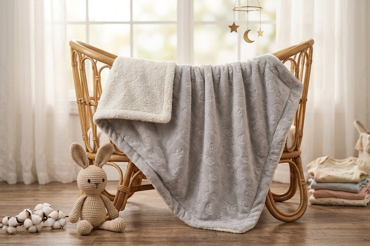 GREY CLOUD & MOON EMBOSSED REVERSIBLE BLANKET