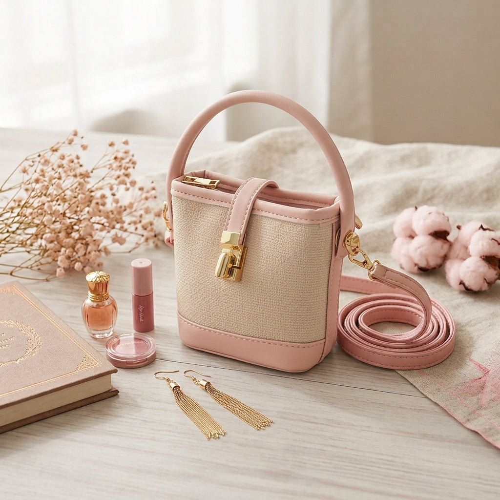 Chic Pink And Neutral Bucket Bag