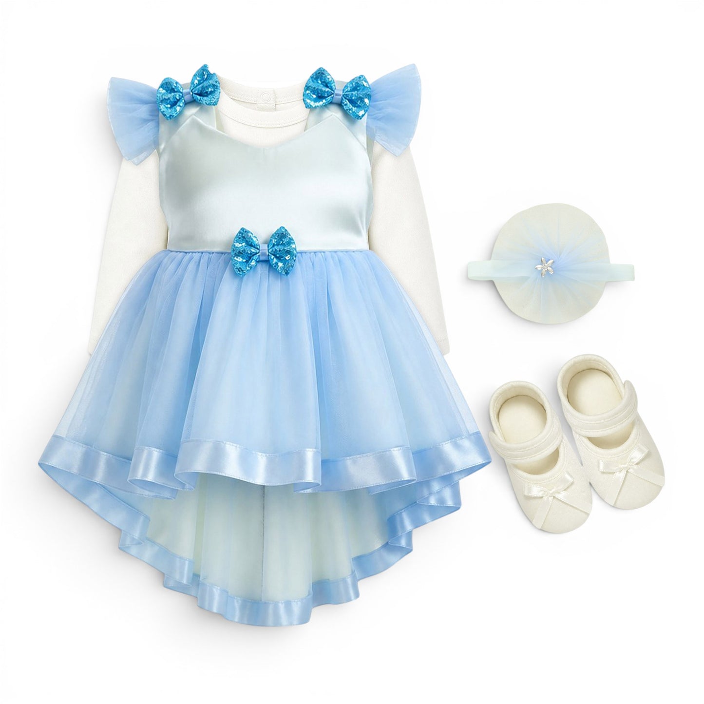 BLUE SEQUIN BOW BABY GIRL FANCY FROCK GIFT SET
