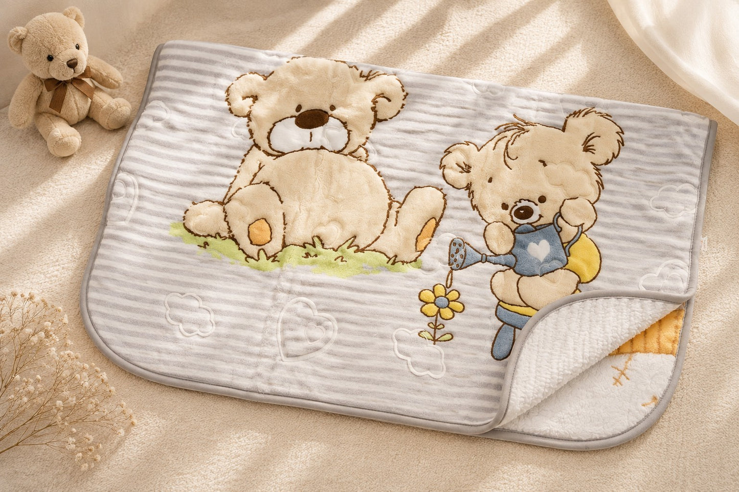 GREY STRIPED TEDDY BEAR BLANKET