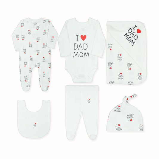 "I LOVE DAD & MOM" 5-PIECE LAYETTE SET (WHITE/RED) GIRL
