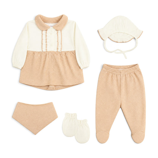 CREAM AND BROWN RUFFLED COLLAR BABY GIRL GIFT SET