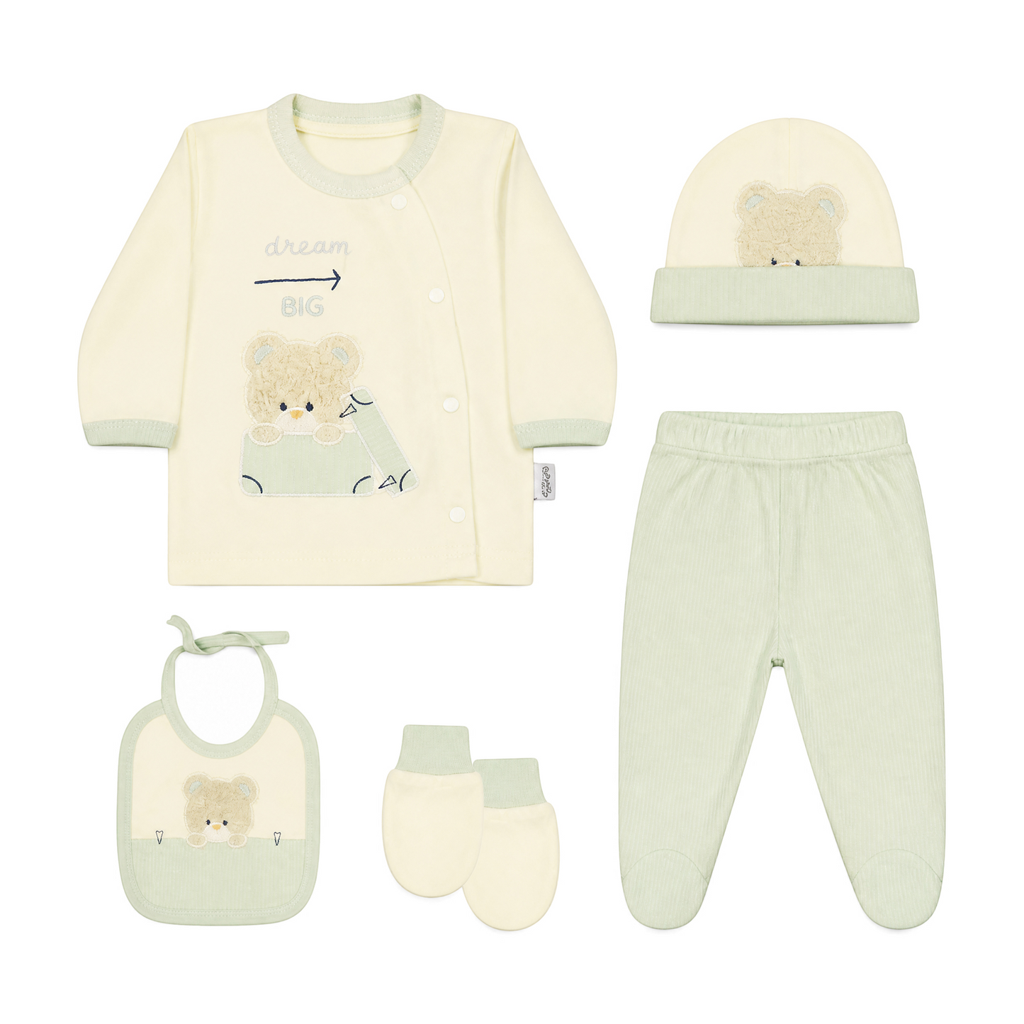 CREAM AND SAGE GREEN "DREAM BIG" BEAR BABY BOY GIFT SET