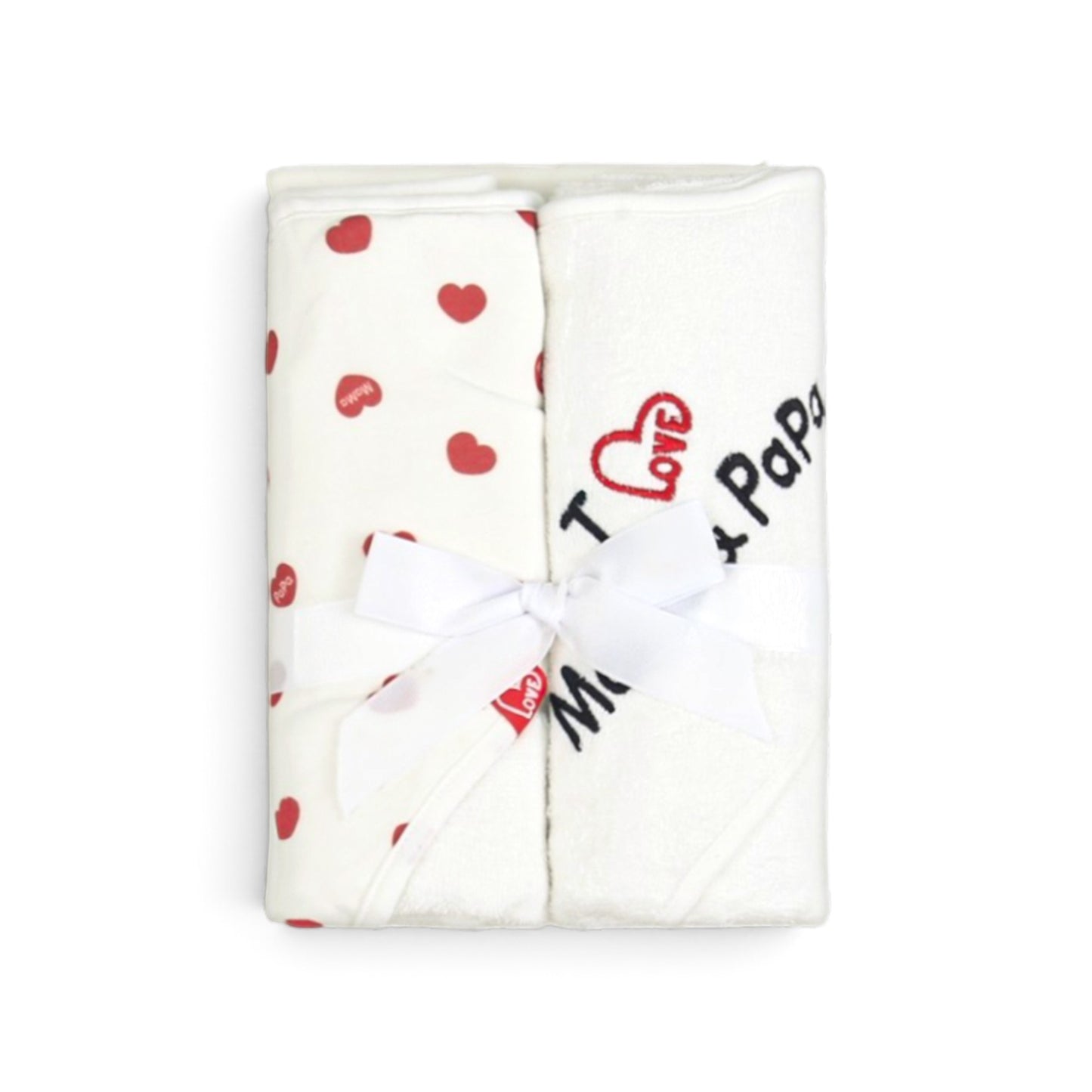 WHITE & RED HEART / "I LOVE MOM & PAPA" HOODED BATH TOWEL PK-2