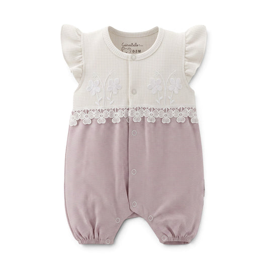 CREAM & PINK FLORAL LACE-TRIM ROMPER