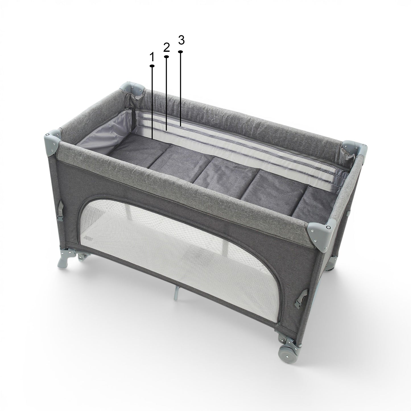 PLAY PEN GREY PORTABLE WITH WHEELS AND CARRYING BAG