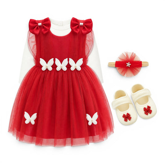 RED BUTTERFLY BABY GIRL FANCY FROCK GIFT SET