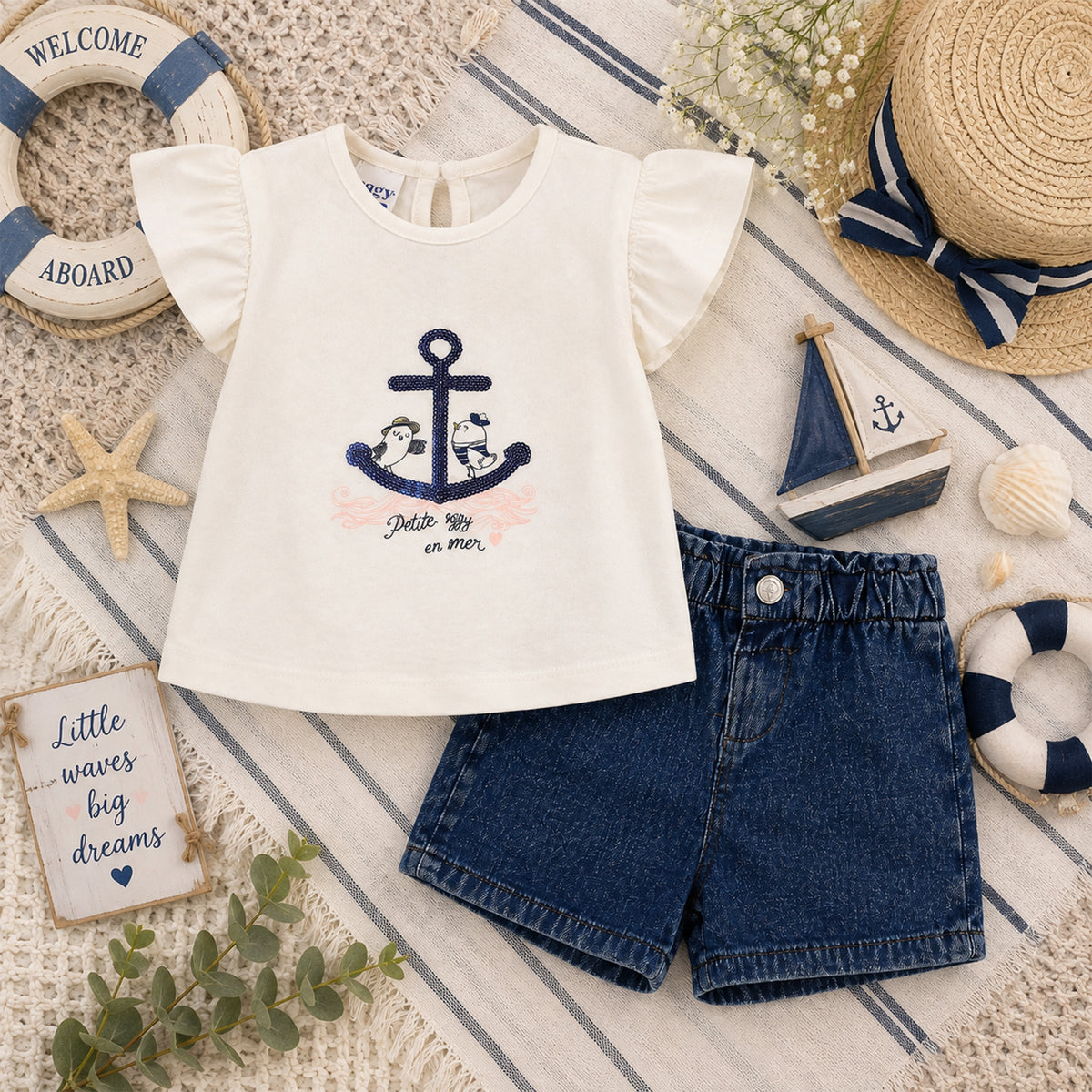 WHITE ANCHOR "PETITE IGGY EN MER" AND DENIM SHORTS BABY GIRL OUTFIT