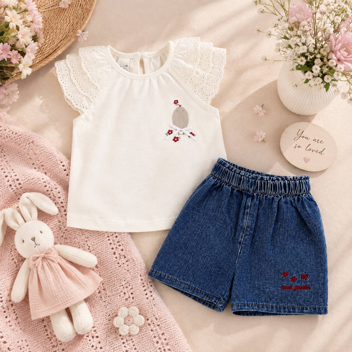 WHITE LACE-SLEEVE AND "BIRD GARDEN" DENIM SHORTS BABY GIRL OUTFIT