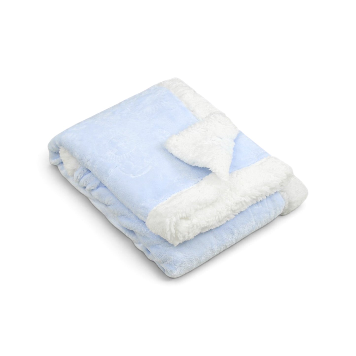 LIGHT BLUE LION EMBOSSED WITH WHITE SHERPA BORDER BLANKET