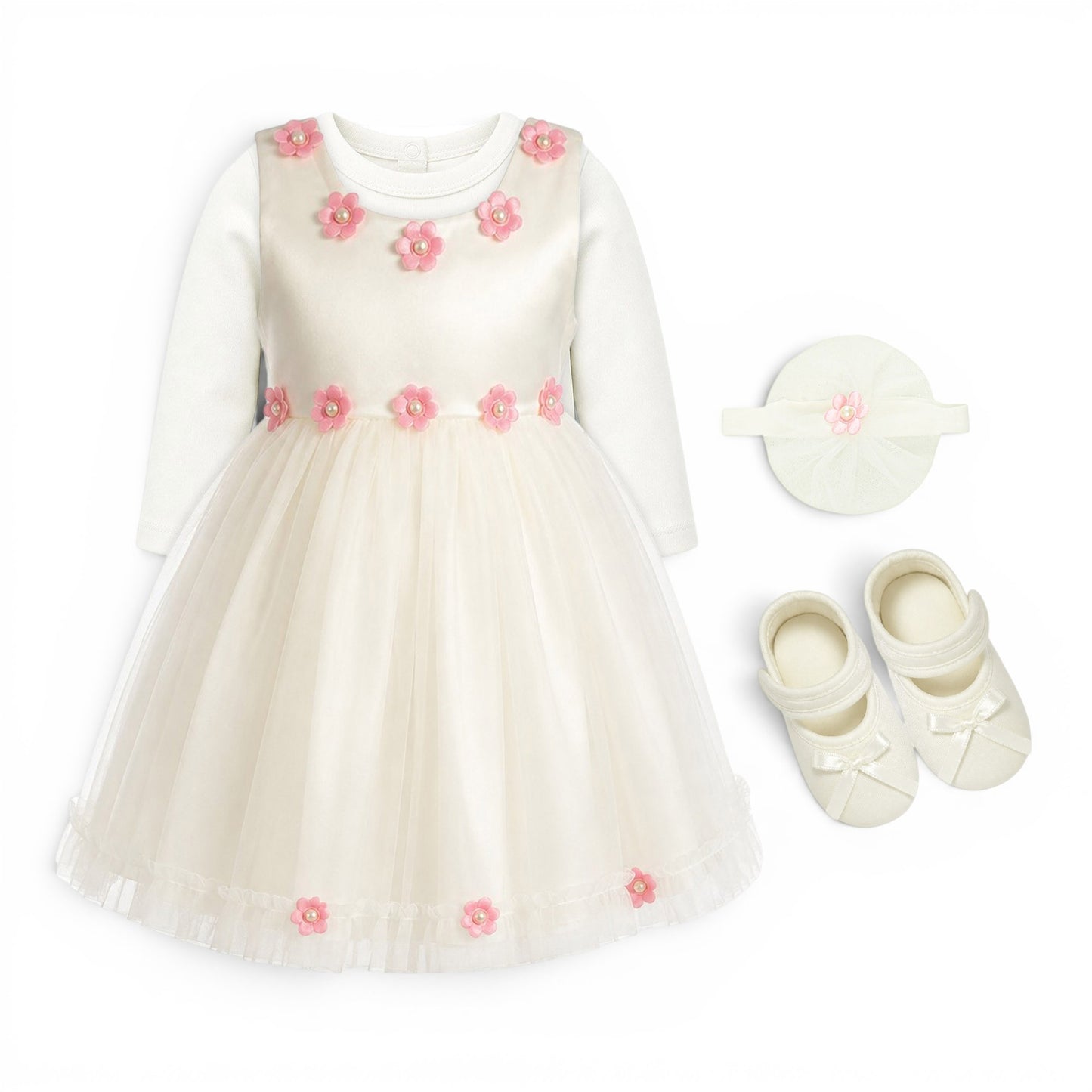 WHITE FLORAL BABY GIRL FANCY FROCK GIFT SET
