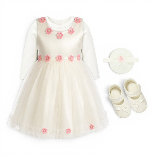 WHITE FLORAL BABY GIRL FANCY FROCK GIFT SET