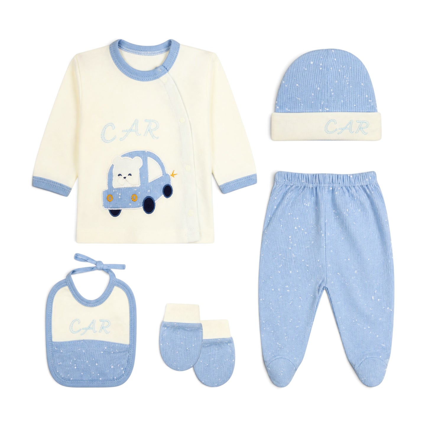 CREAM AND BLUE "CAR" BEAR BABY BOY GIFT SET