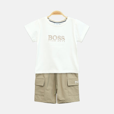 Boss White & Beige Cotton Boy Suit – 2 Piece Set