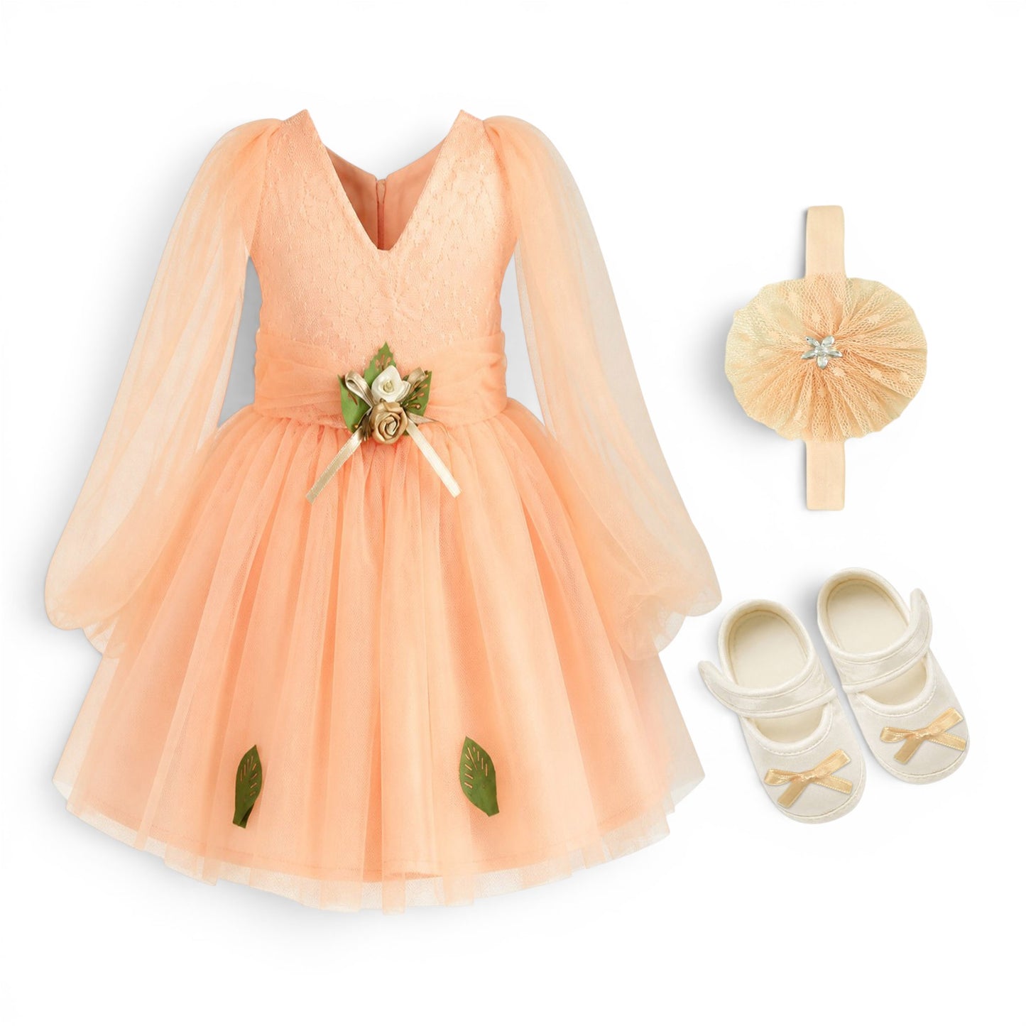 PEACH ROSE BABY GIRL FANCY FROCK GIFT SET