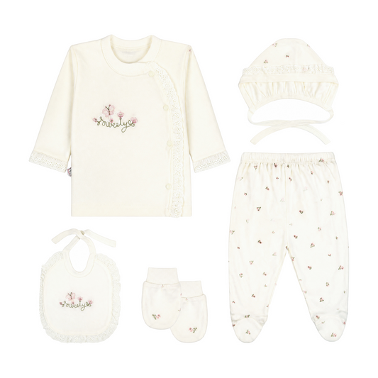 CREAM RUFFLED-ACCENT BABY GIRL GIFT SET