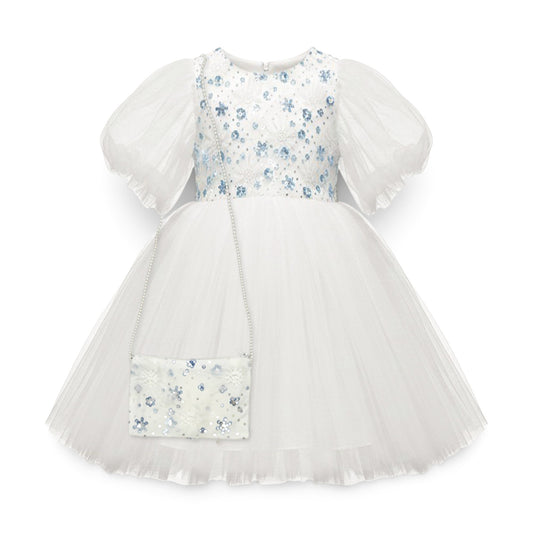 BABY GIRL WHITE PARTY DRESS WITH MATCHING EMBELLISHED BAG