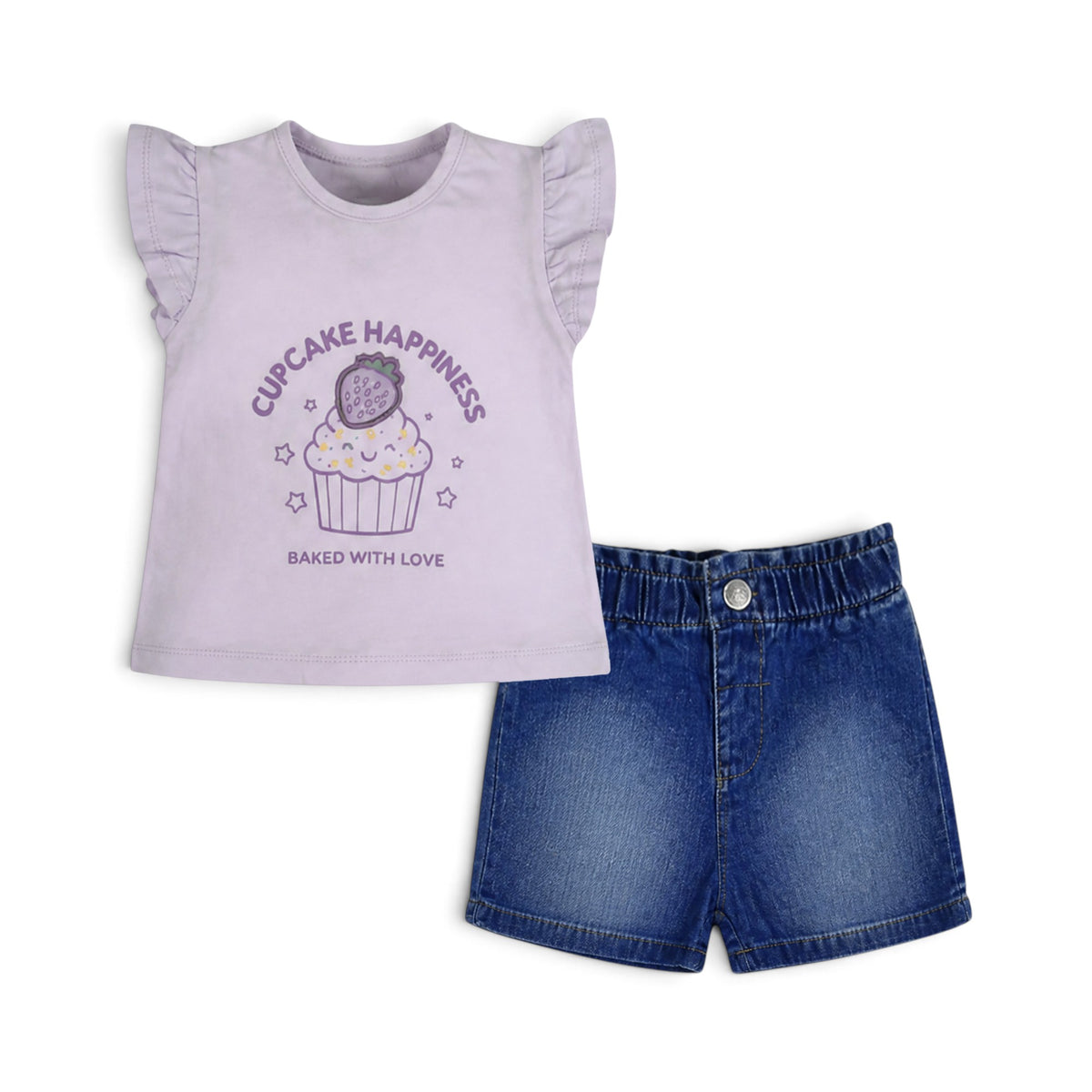 LAVENDER CUPCAKE "BAKED WITH LOVE" AND DENIM SHORTS BABY GIRL OUTFIT