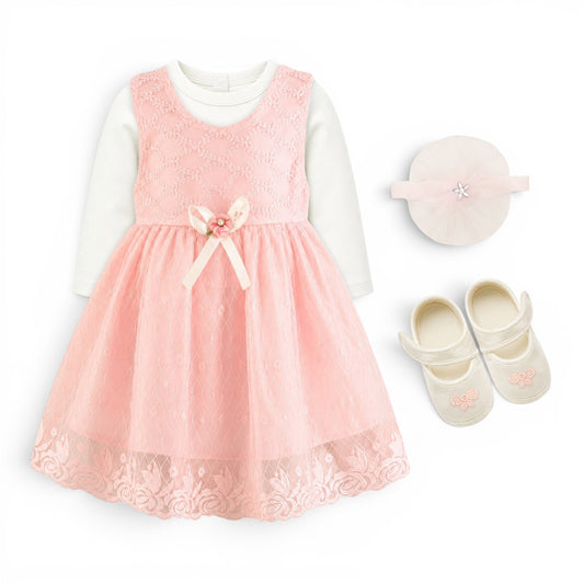 PINK BOW BABY GIRL FANCY FROCK GIFT SET