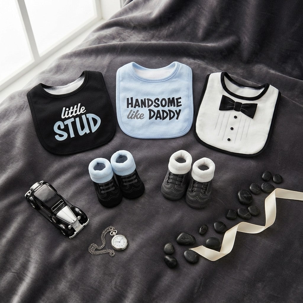 "LITTLE STUD" INFANT BIBS PK-3 & 2 BOOTIES