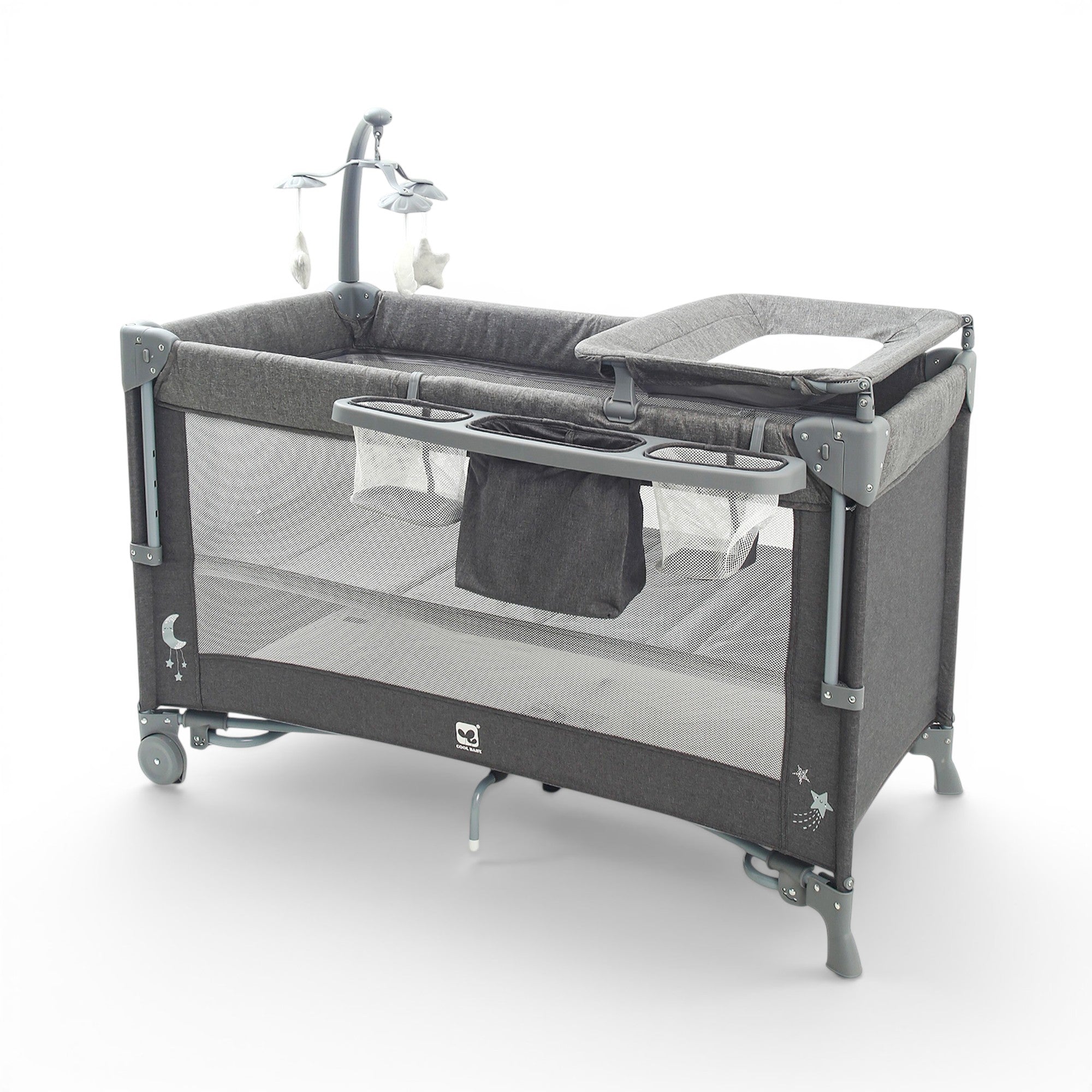 PLAY PEN GREY PORTABLE WITH WHEELS AND CARRYING BAG