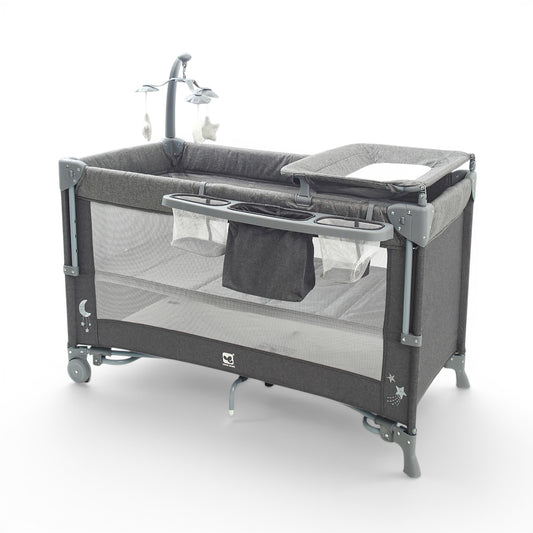 PLAY PEN GREY PORTABLE WITH WHEELS AND CARRYING BAG