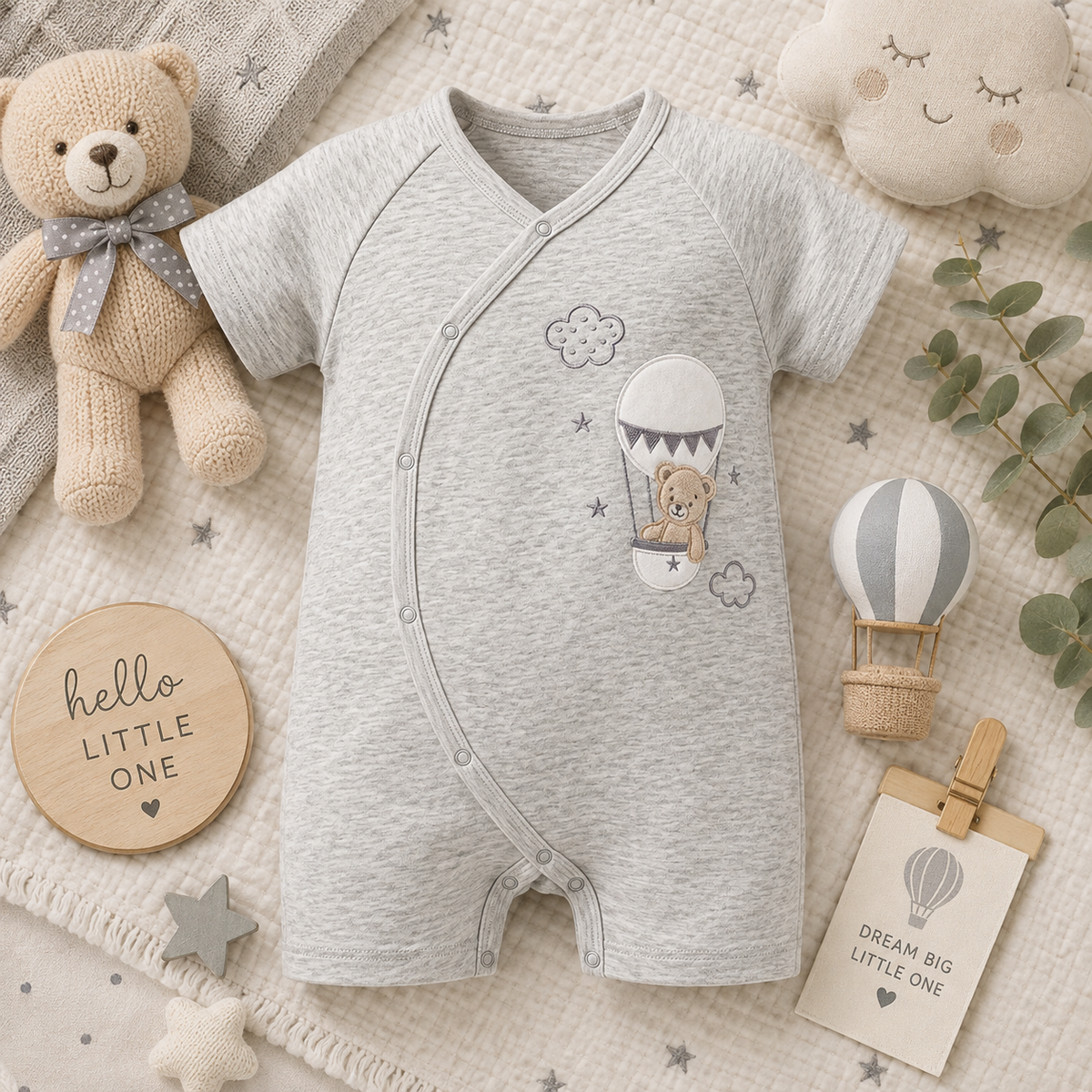 GREY "HOT AIR BALLOON BEAR" ROMPER