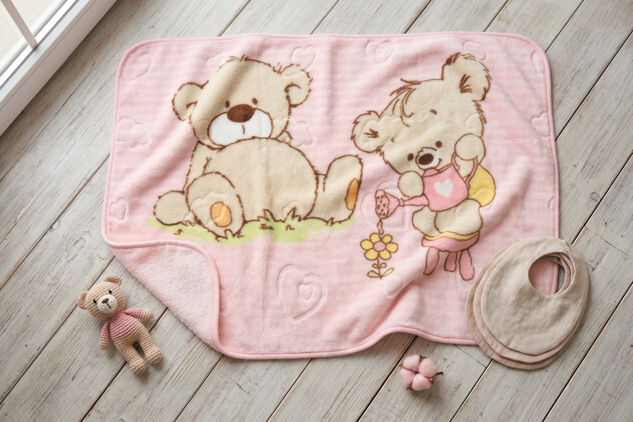 PINK STRIPED TEDDY BEAR BLANKET
