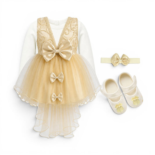 BEIGE BOW BABY GIRL FANCY FROCK GIFT SET